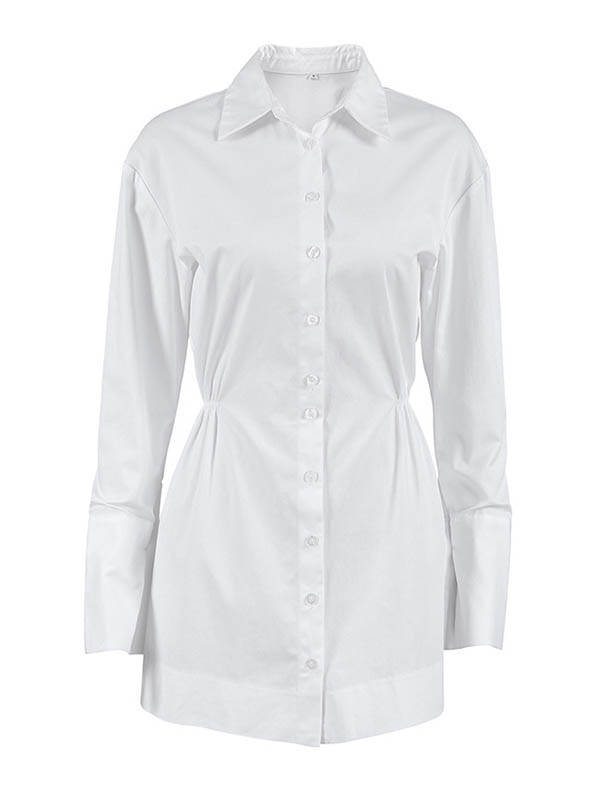 Solid Color Pleated Buttoned Loose Long Sleeves Lapel Shirt Dress Mini Dresses