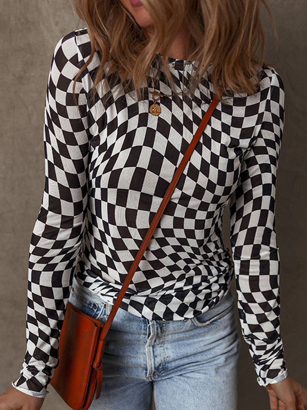 Contrast Color Skinny Long Sleeves Round-Neck T-Shirts Tops