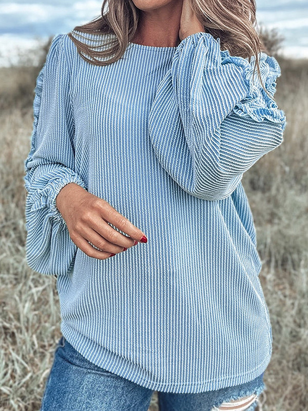 Solid Color Ruffle Trim Loose Long Sleeves Round-Neck Blouses&Shirts Tops