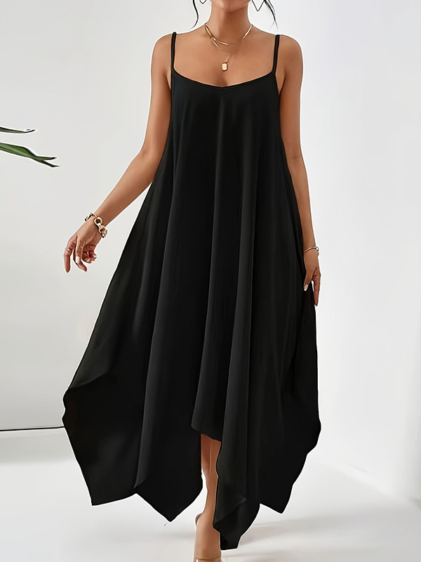 Solid Color Asymmetric Sleeveless Loose Spaghetti-Neck Maxi Dresses