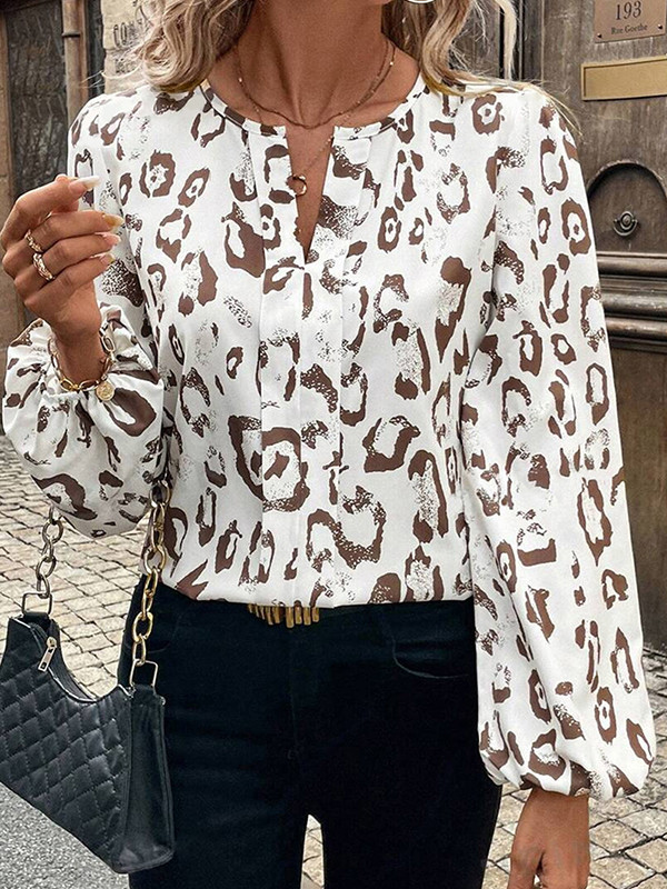 Leopard Elasticity Contrast Color Puff Sleeves Loose V-Neck Blouses&Shirts Tops