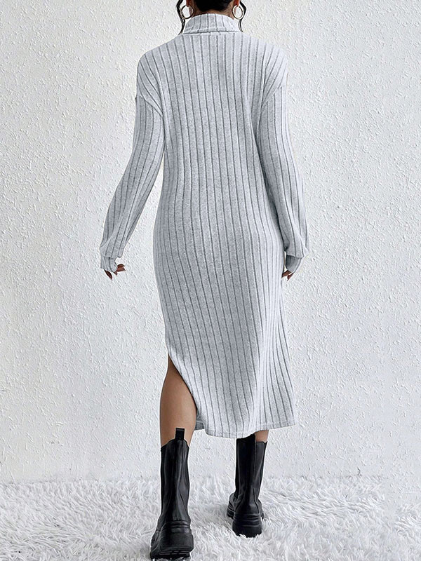 Split-Side Solid Color No Belt Loose Long Sleeves High Neck Midi Dresses