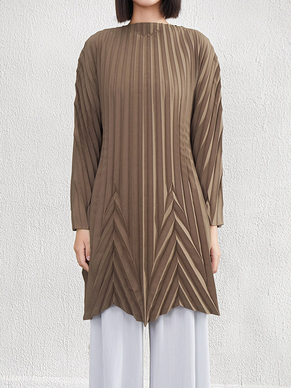 Solid Color Pleated Loose Long Sleeves Round-Neck Mini Dresses