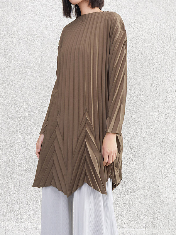 Solid Color Pleated Loose Long Sleeves Round-Neck Mini Dresses