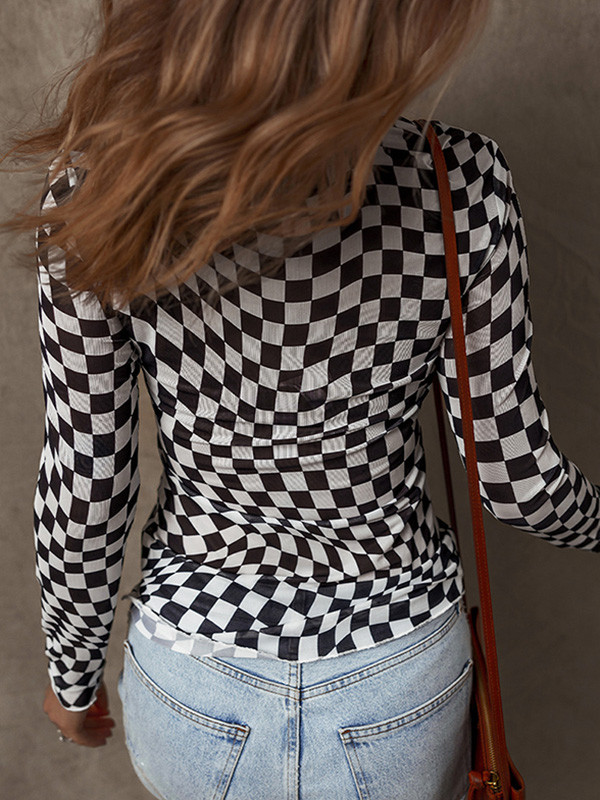 Contrast Color Skinny Long Sleeves Round-Neck T-Shirts Tops