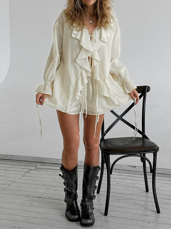 Ruffle Trim Long Sleeves Loose Solid Color Tied V-Neck Blouses&Shirts Tops + Elasticity Shorts Bottom Two Pieces Set