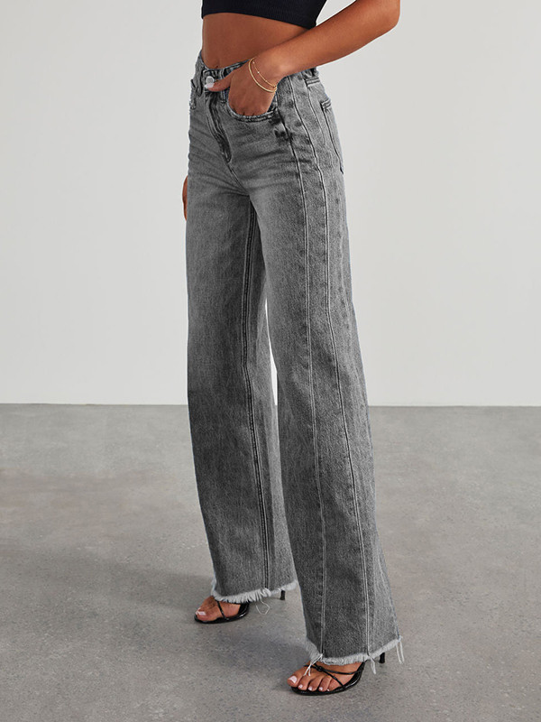 Tasseled Split-Joint Wide Leg High Waisted Jean Pants Bottoms