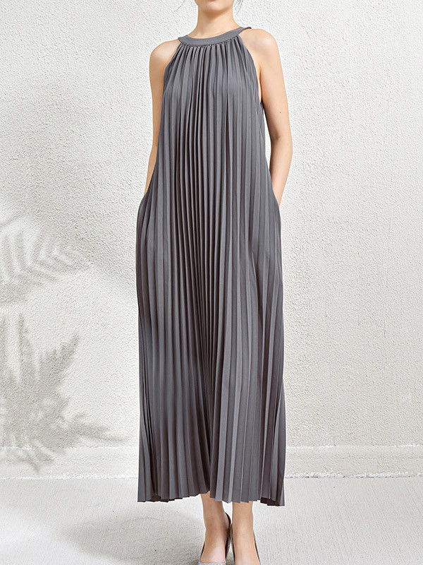 Solid Color Pockets Pleated Hollow Sleeveless Loose Halter-Neck Maxi Dresses