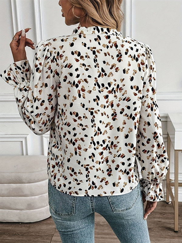 Printed Elasticity Puff Sleeves Loose V-Neck Blouses&Shirts Tops