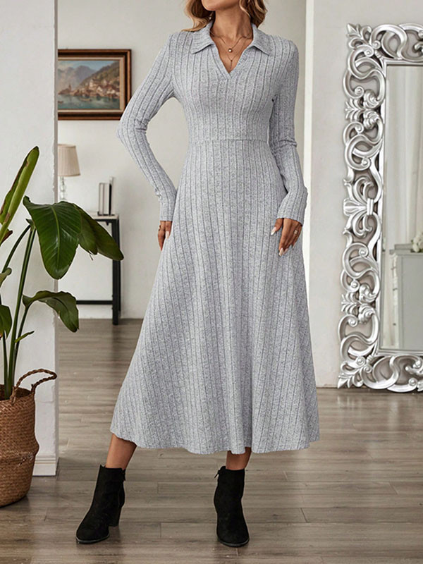Solid Color Loose Long Sleeves V-neck Maxi Dresses