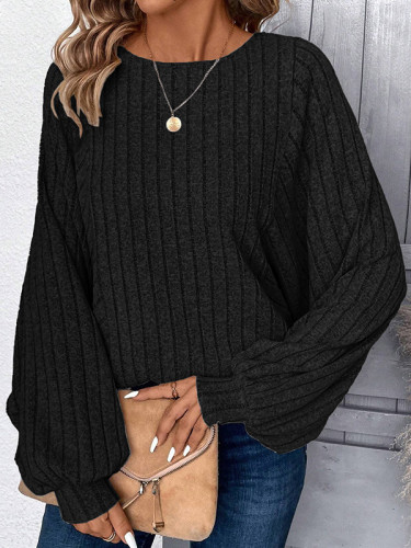 Split-Joint Solid Color Puff Sleeves Plus Size Round-Neck T-Shirts Tops