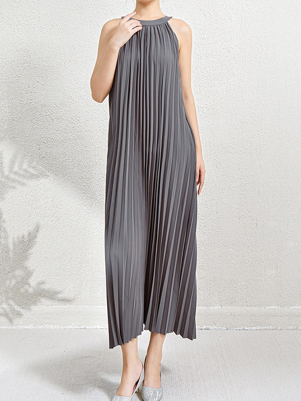 Solid Color Pockets Pleated Hollow Sleeveless Loose Halter-Neck Maxi Dresses