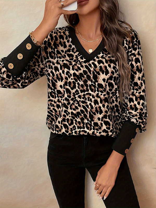 Leopard Buttoned Loose Long Sleeves V-Neck T-Shirts Tops