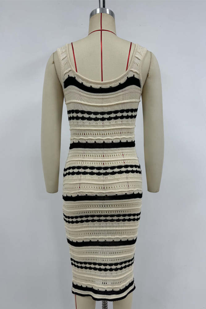Sexy Stripe Weave Contrast U Neck One Step Skirt Dresses