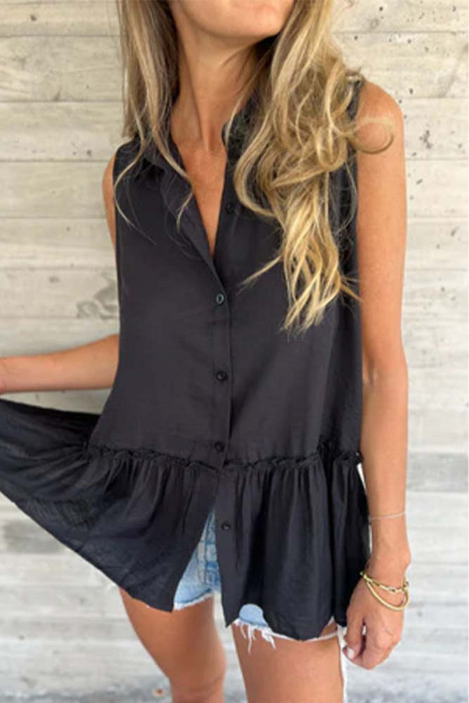 Casual Buttons Pleated Flounce Turndown Collar Tops(3 Colors)