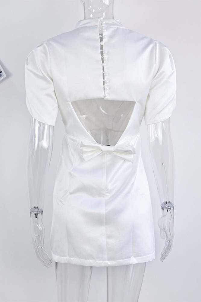 Elegant Bow Patchwork Pearls Decor Half A Turtleneck A Line Dresses