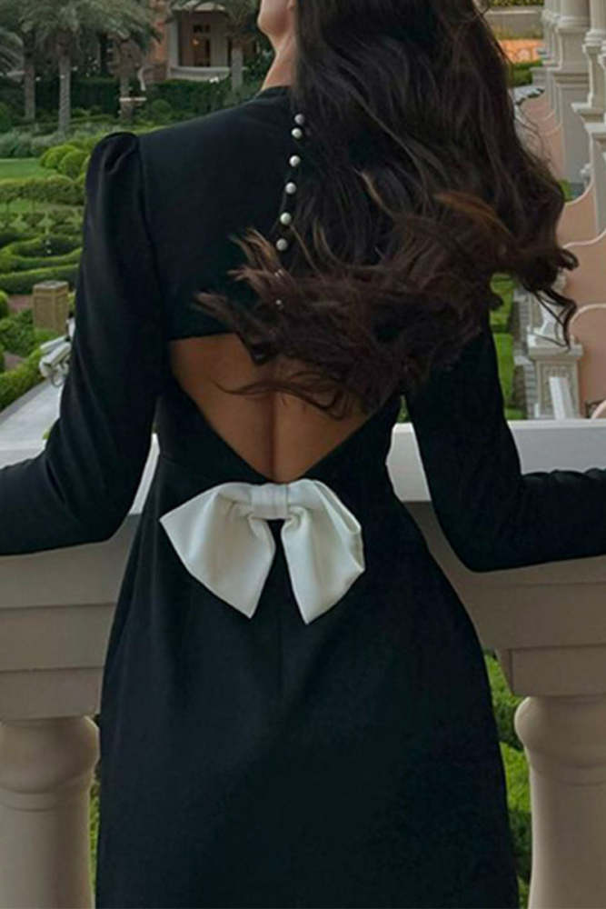 Elegant Bow Patchwork Pearls Decor Half A Turtleneck A Line Dresses