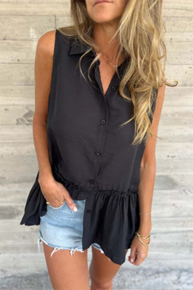 Casual Buttons Pleated Flounce Turndown Collar Tops(3 Colors)