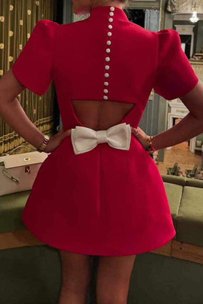 Elegant Bow Patchwork Pearls Decor Half A Turtleneck A Line Dresses
