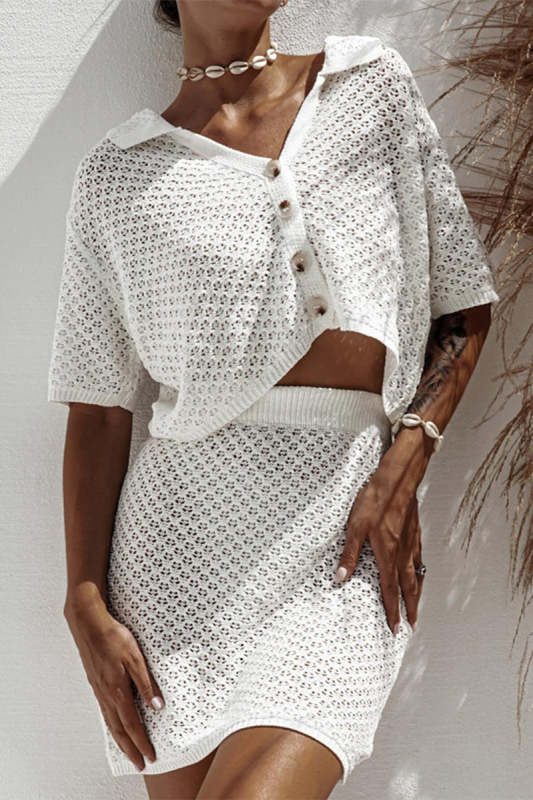 Casual Hollow Out Buttons Turndown Collar Short Sleeve Two Pieces