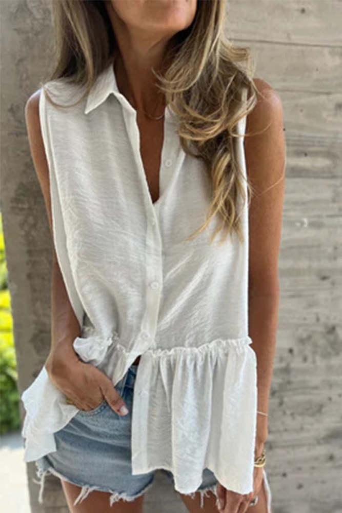 Casual Buttons Pleated Flounce Turndown Collar Tops(3 Colors)