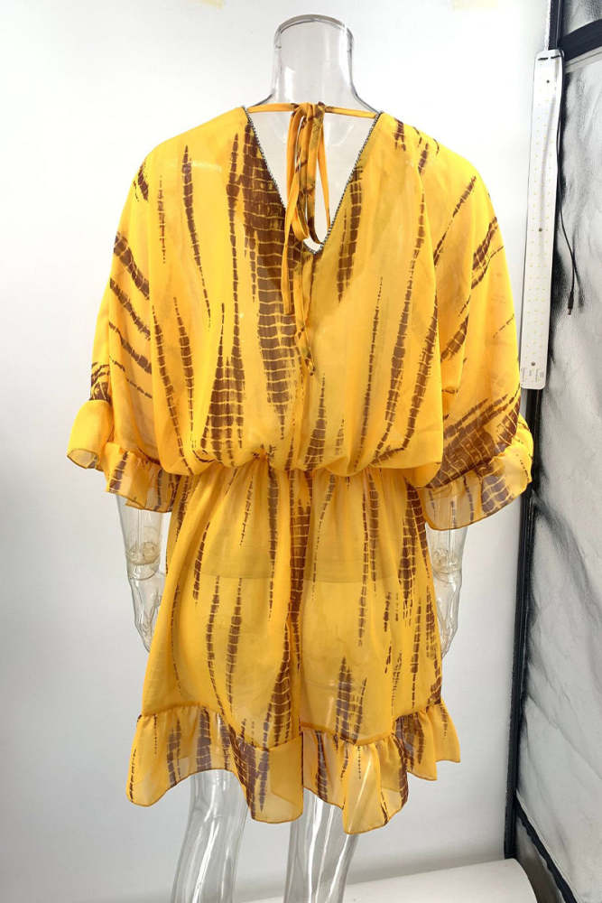 Casual Vacation Geometric Print Ruffle V Neck A Line Dresses