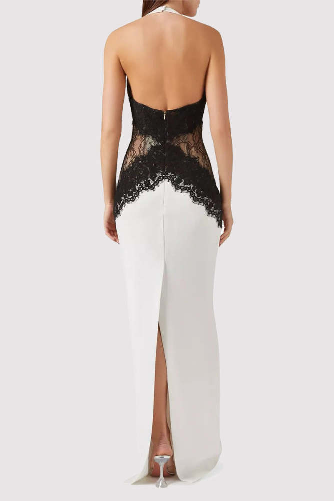 Sexy Lace Backless Contrast Halter Long Dresses