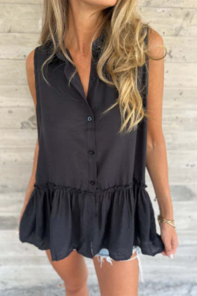 Casual Buttons Pleated Flounce Turndown Collar Tops(3 Colors)