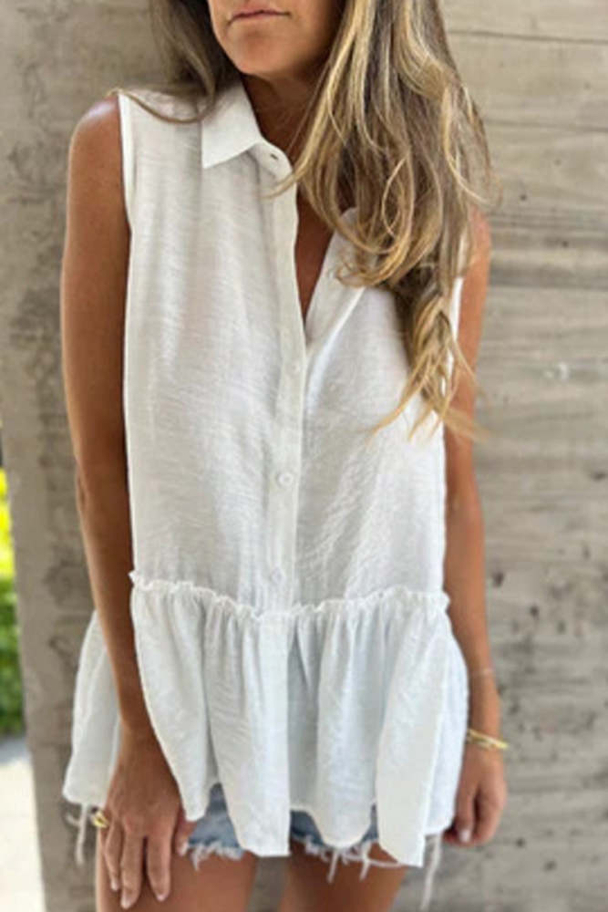 Casual Buttons Pleated Flounce Turndown Collar Tops(3 Colors)