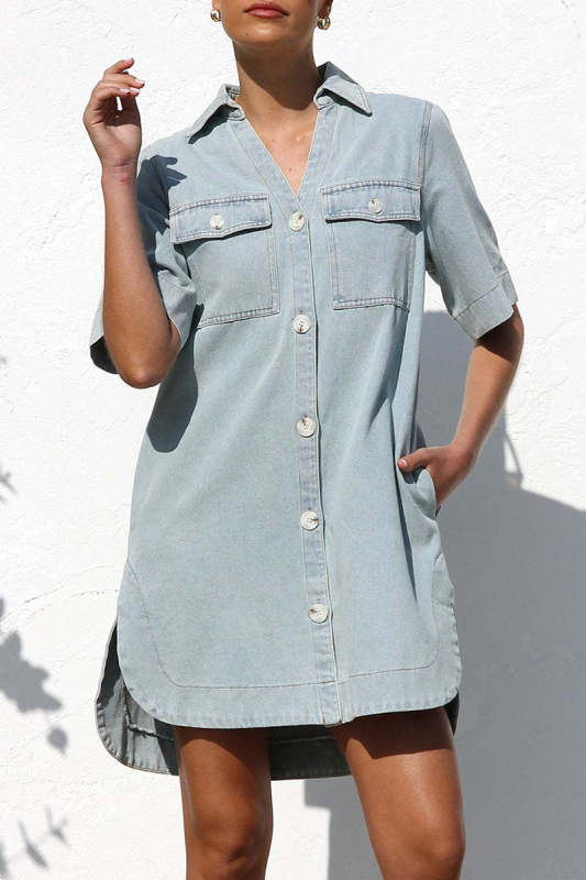 Casual Distressed Buttons Turndown Collar Short Sleeve Loose Denim Dresses