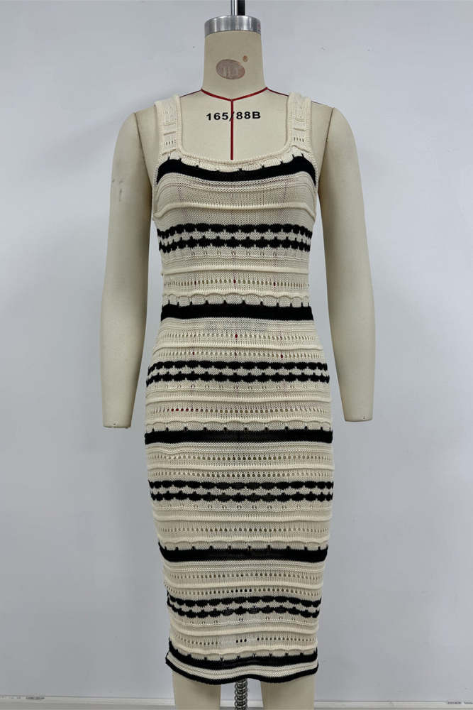 Sexy Stripe Weave Contrast U Neck One Step Skirt Dresses