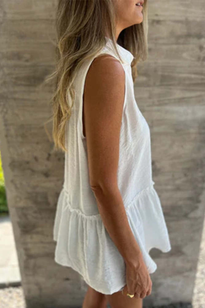 Casual Buttons Pleated Flounce Turndown Collar Tops(3 Colors)