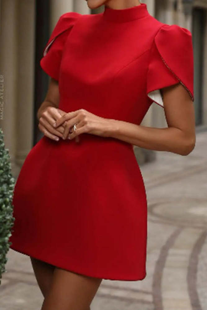 Elegant Bow Patchwork Pearls Decor Half A Turtleneck A Line Dresses