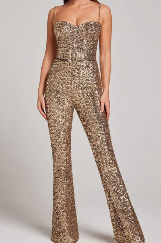 Casual Sequins With Belt Spaghetti Strap Jumpsuits