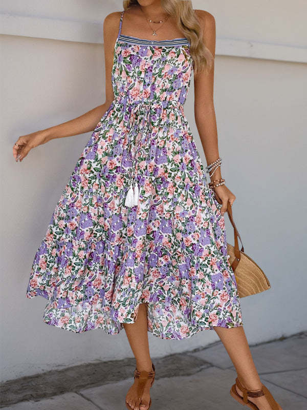 Women's Purple Printed Ruffled Suspender Midi Dress