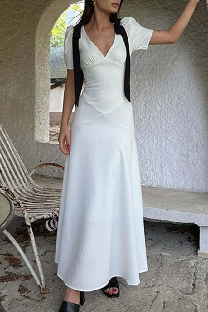 Elegant Lace Up Patchwork Contrast V Neck Long Dresses