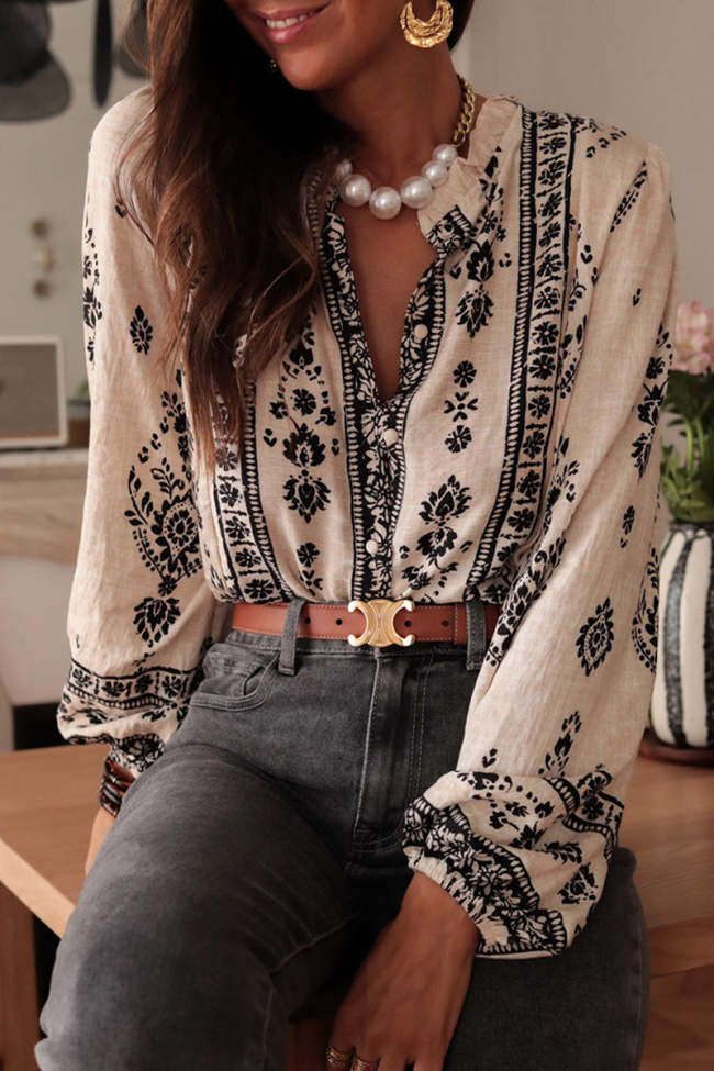 Women's Geometric Print Ruffle Collar Blouse