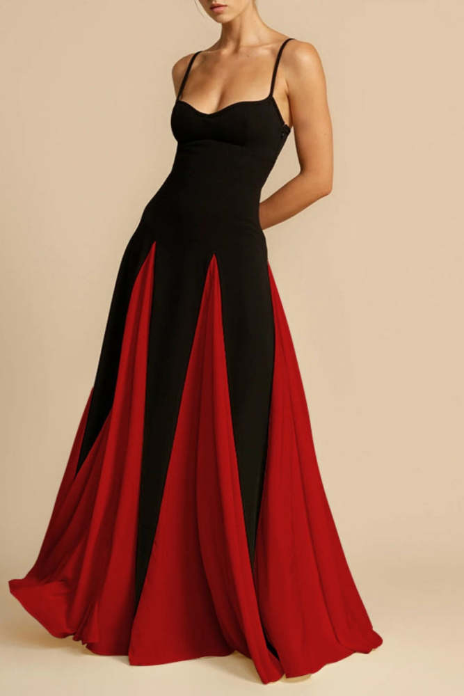 Casual Patchwork Backless Contrast Spaghetti Strap Long Dresses(4 Colors)