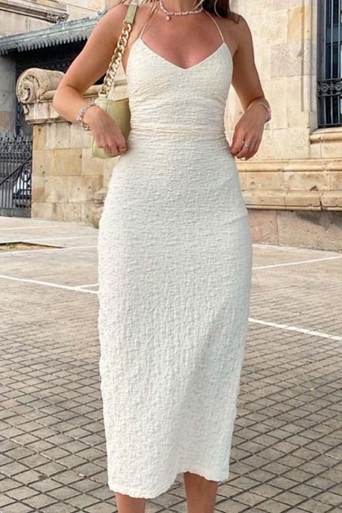 Sexy Solid Color Lace Up Backless Slit Halter A Line Dresses