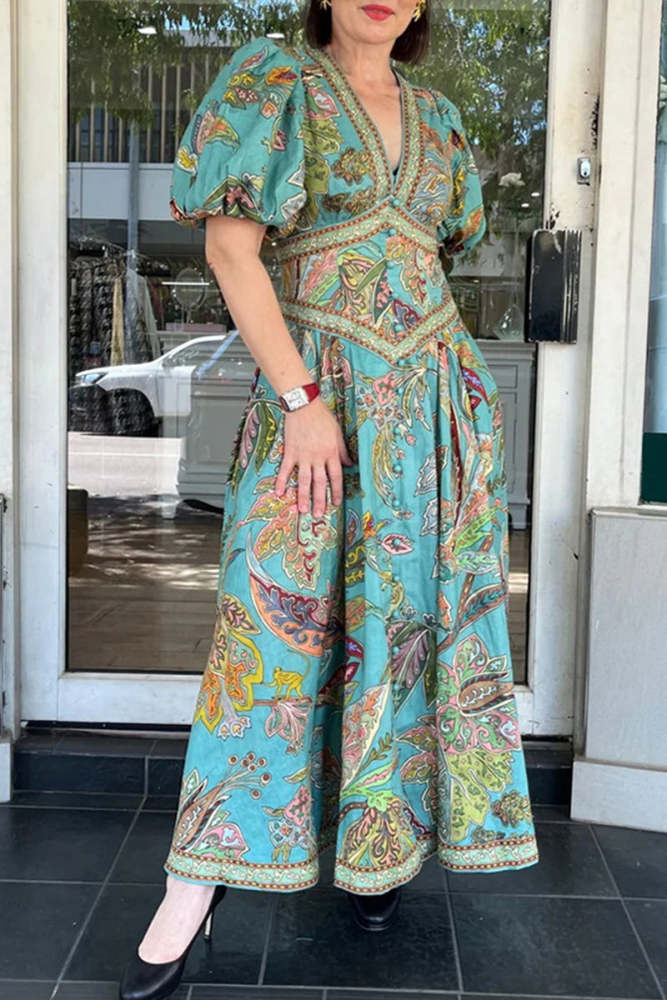 Casual Floral Print Pocket V Neck A Line Dresses