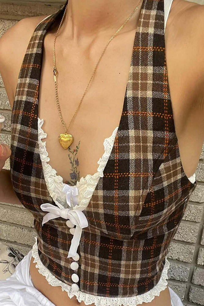 Sexy Plaid Patchwork Backless Halter Tops