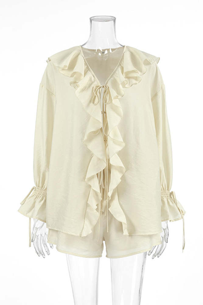 Casual Lace Up Flounce V Neck Long Sleeve Two Pieces