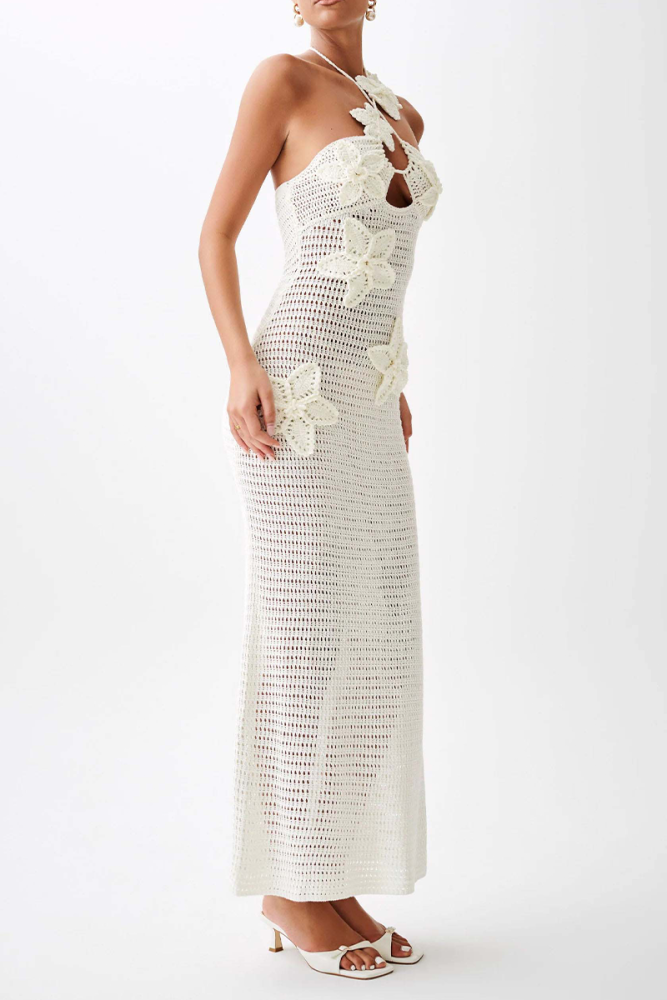 Sexy Solid Color Flowers Knit Halter One Step Skirt Dresses