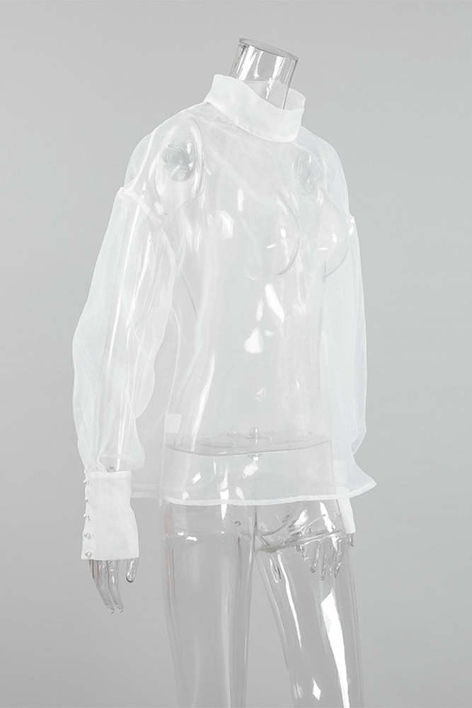 Sexy Buttons See-Through Mesh Turtleneck Tops