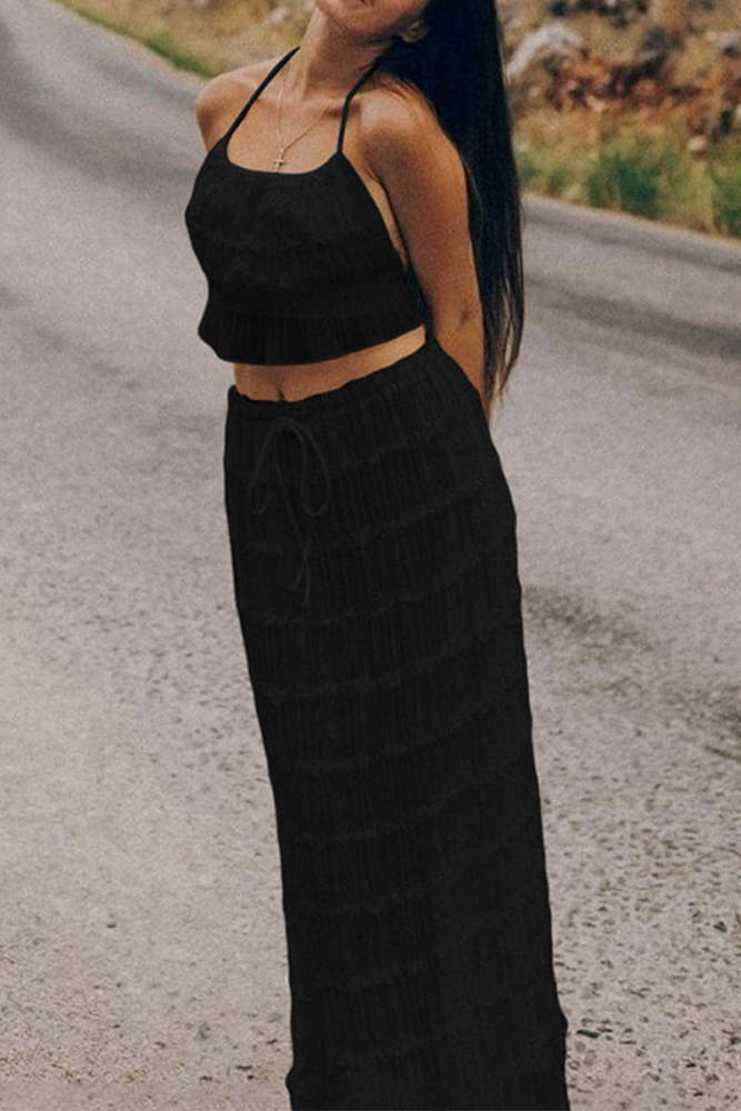 Sexy Solid Color Lace Up Backless Halter Sleeveless Two Pieces