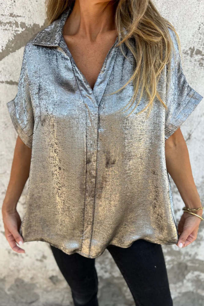 Casual Bronzing Pattern Patchwork Turndown Collar Blouses(5 Colors)