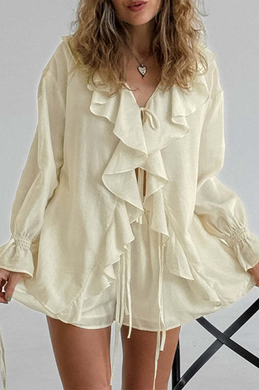 Casual Lace Up Flounce V Neck Long Sleeve Two Pieces