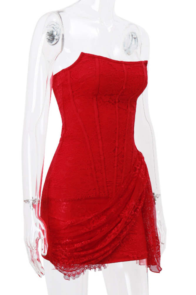 Sexy Lace Ruched Irregular U Neck Lace Dress Dresses(3 Colors)