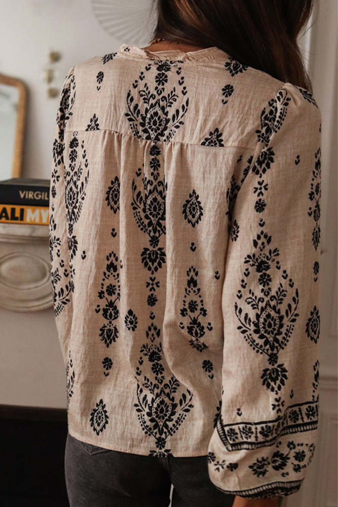 Women's Geometric Print Ruffle Collar Blouse