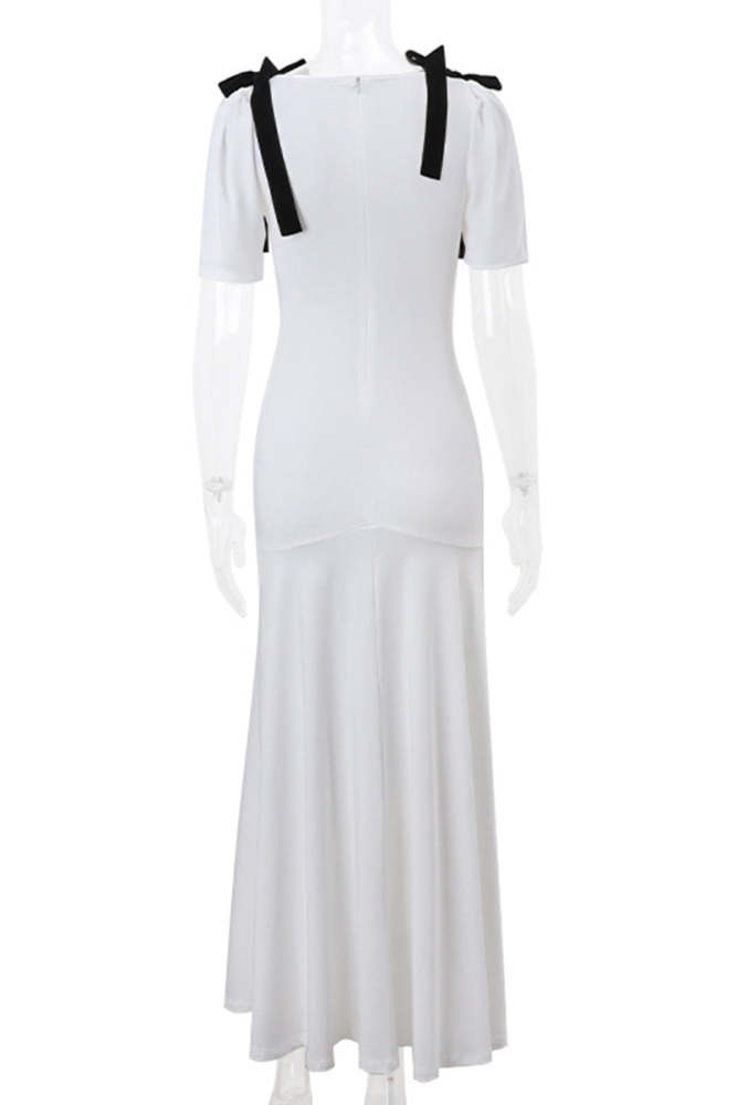 Elegant Lace Up Patchwork Contrast V Neck Long Dresses